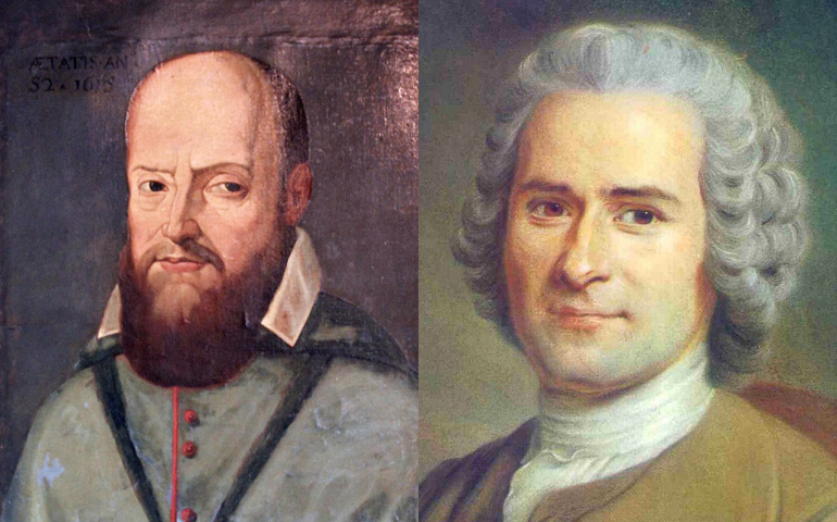 Retrato de san Francisco de Sales por fray Martellange, SJ. A la derecha: J. J. Rousseau