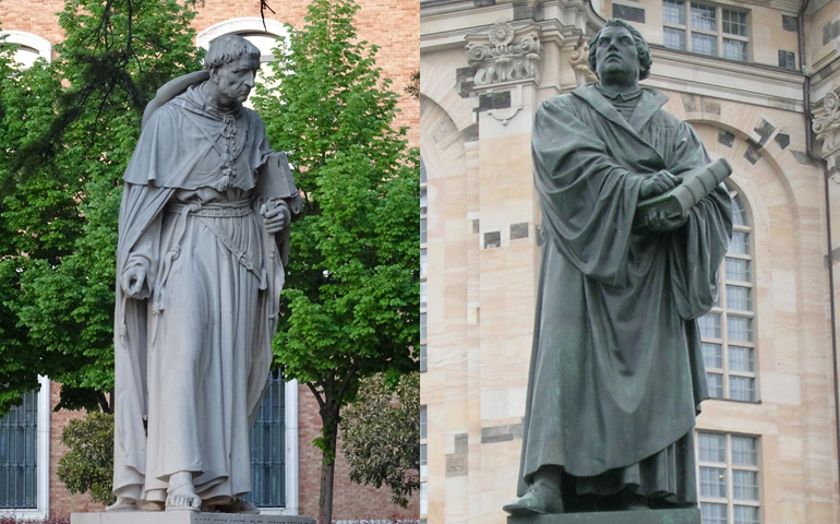 Estatua del cardenal Cisneros. A la derecha Lutero
