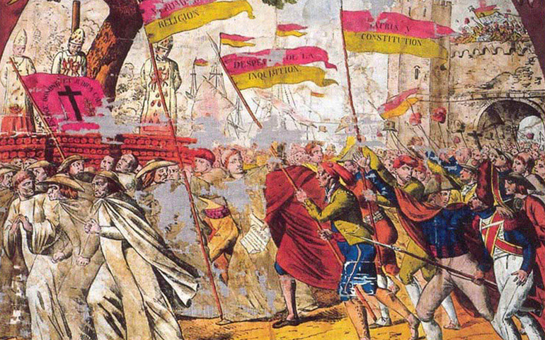 'La abolición de la Inquisición', 1821. Pañuelo de seda del Museo Textil y de la Indumentaria, Barcelona
