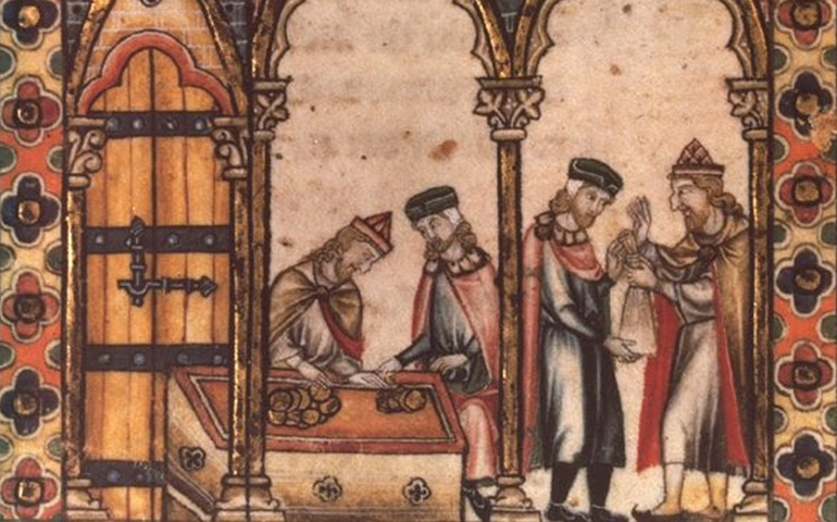 Préstamo de dinero de un judío a un cristiano. Miniatura de las 'Cantigas de Santa María' de Alfonso X el Sabio