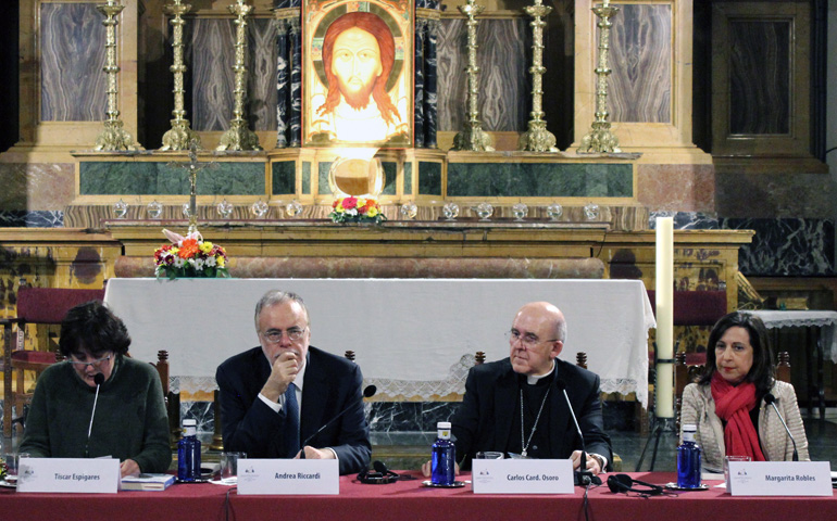 Tíscar Espigares, Andrea Riccardi, el cardenal Osoro y Margarita Robles en la iglesia de las Maravillas en Madrid el pasado lunes