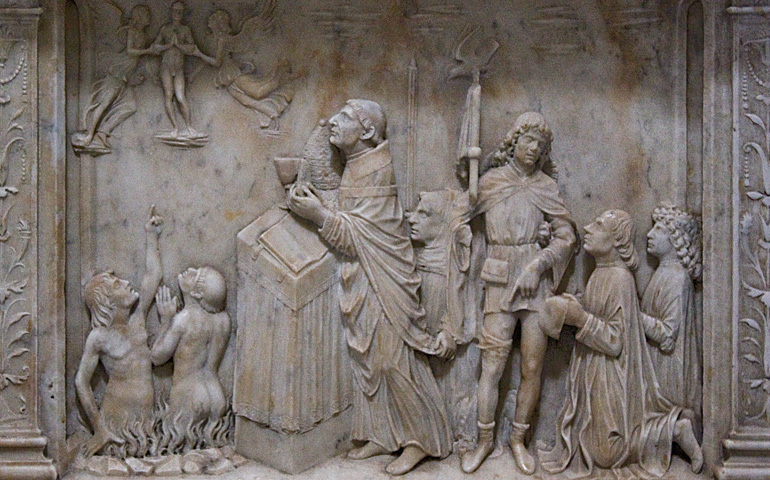'San Gregorio ofrece una Misa por las almas del purgatorio', talla de Luigi Capponi (siglo XV). San Gregorio Magno, Roma