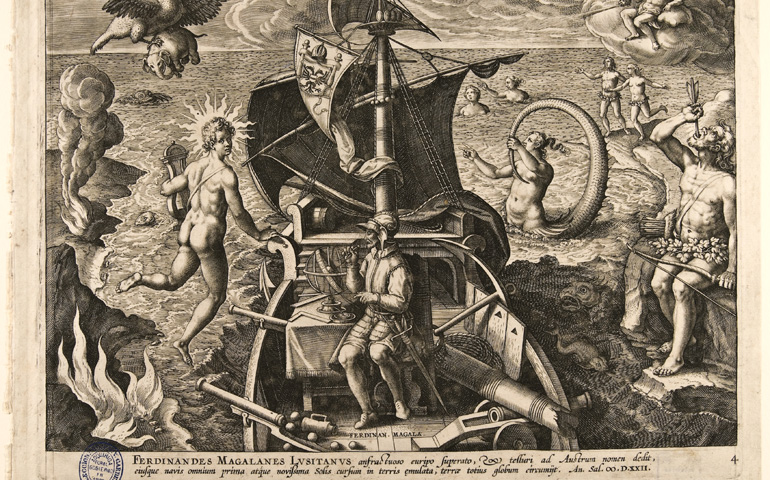 ‘America retectio’. Grabado alegórico del viaje de Magallanes, ca. 1590. Stradanus/Collaert. Foto: Biblioteca Nacional de España