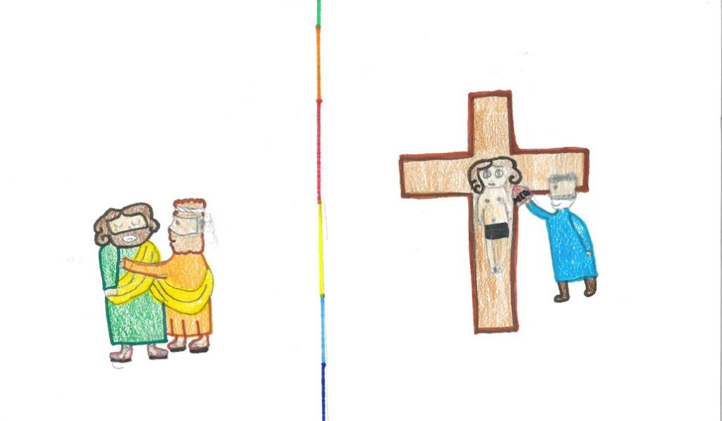 Este dibujo de un niño de una parroquia italiana ayuda a ilustrar un folleto para la conmemoración del vía crucis del Papa Francisco el 2 de abril de 2021