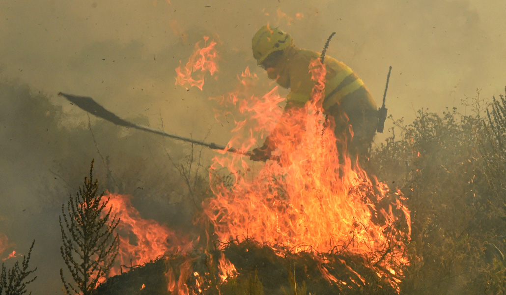 Un bombero trabaja en la extinción de un incendio forestal en un campo de trigo en Pumarejo (Zamora)