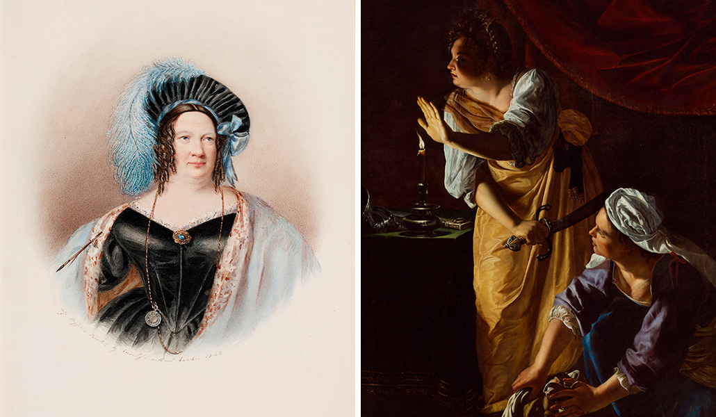 'Autorretrato' de Sara Biffin. The Baltimore Museum of Art. A la derecha: 'Judit y su sirvienta con la cabeza de Holofernes' de Artemisia Gentileschi. Detroit Institute of Art