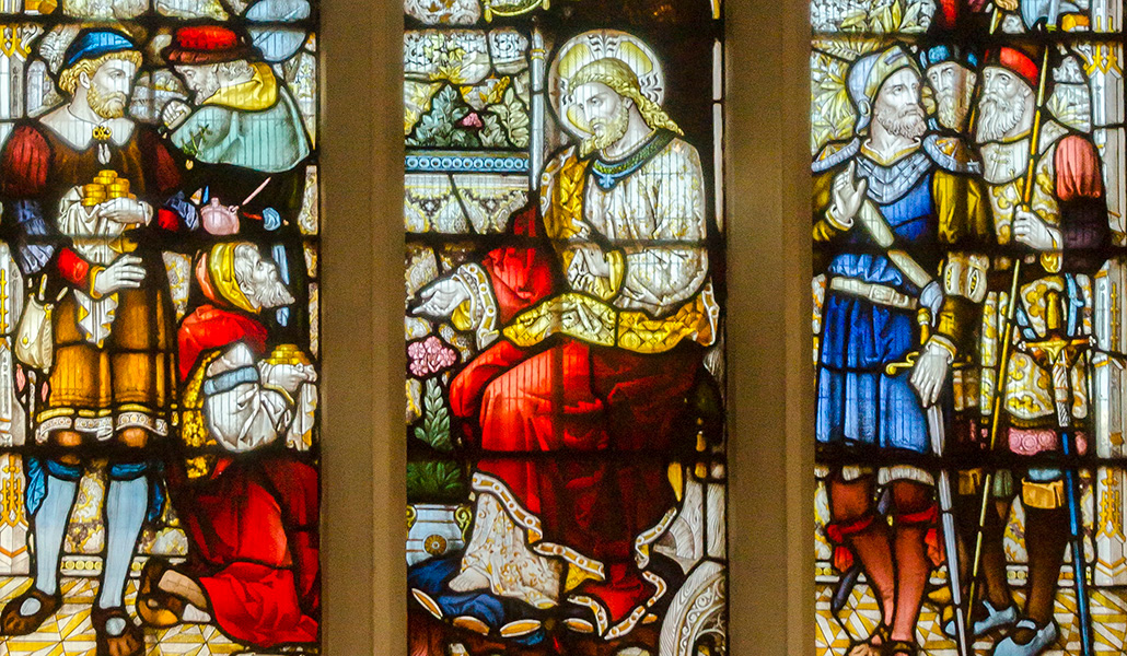 'Parábola de los talentos'. Vidriera de la catedral de Leicester