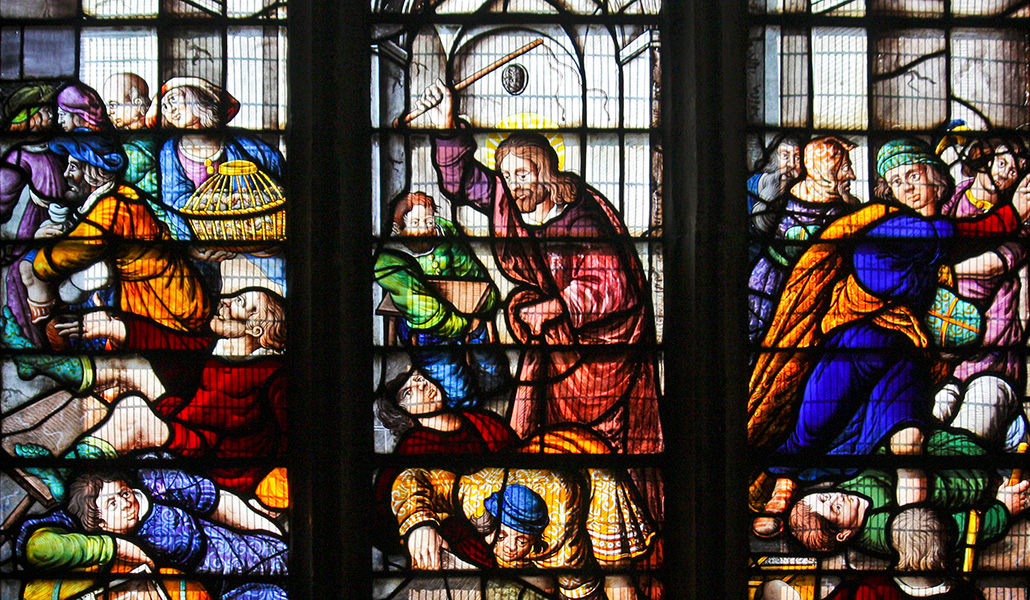 'Expulsión de los mercaderes del templo'. Vidriera en el Colegio Universitario de Oxford, Inglaterra