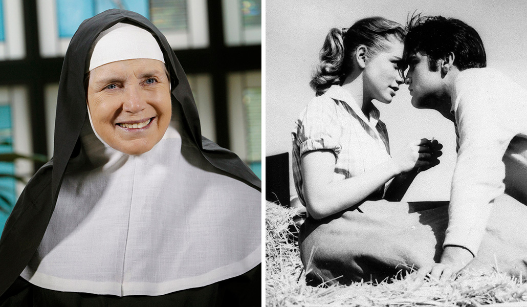 La religiosa benedictina en Washington en 2013. A la derecha: La actriz junto a Elvis Presley en un fotograma de 'Loving you', de 1957