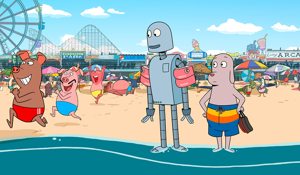 Dog junto a su amigo el robot en la playa