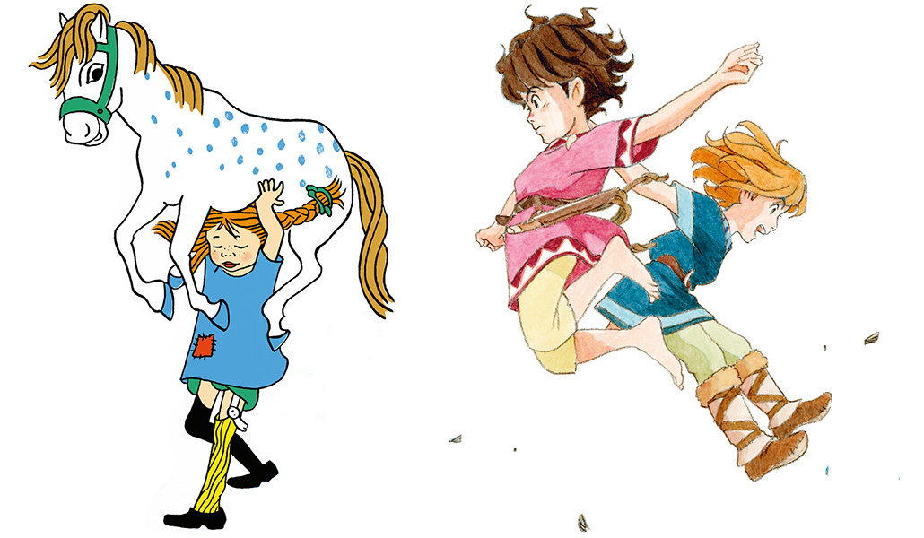 Pippi Calzaslargas. Ilustración de Ingrid Vang Nyman. A la derecha: Ronia y Birk. Ilustración de Katsuya Kondo