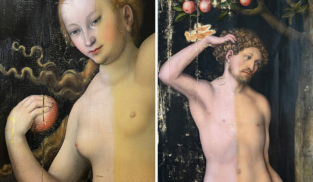 Detalle de 'Eva' y 'Adán' durante el proceso de limpieza. © J. Paul Getty Trust