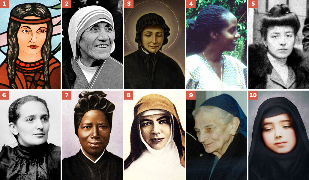 1. Catalina Tekakwitha. 2. Teresa de Calcuta. 3. Elizabeth Ann Seton. 4. Daphrose Rugamba. 5. María Beltrame Quattrocchi. 6. Laura Montoya. 7. Josefina Bakhita. 8. María de la Cruz MacKillop. 9. Magdalena de Jesús. 10. Rebeca de Himlaya.