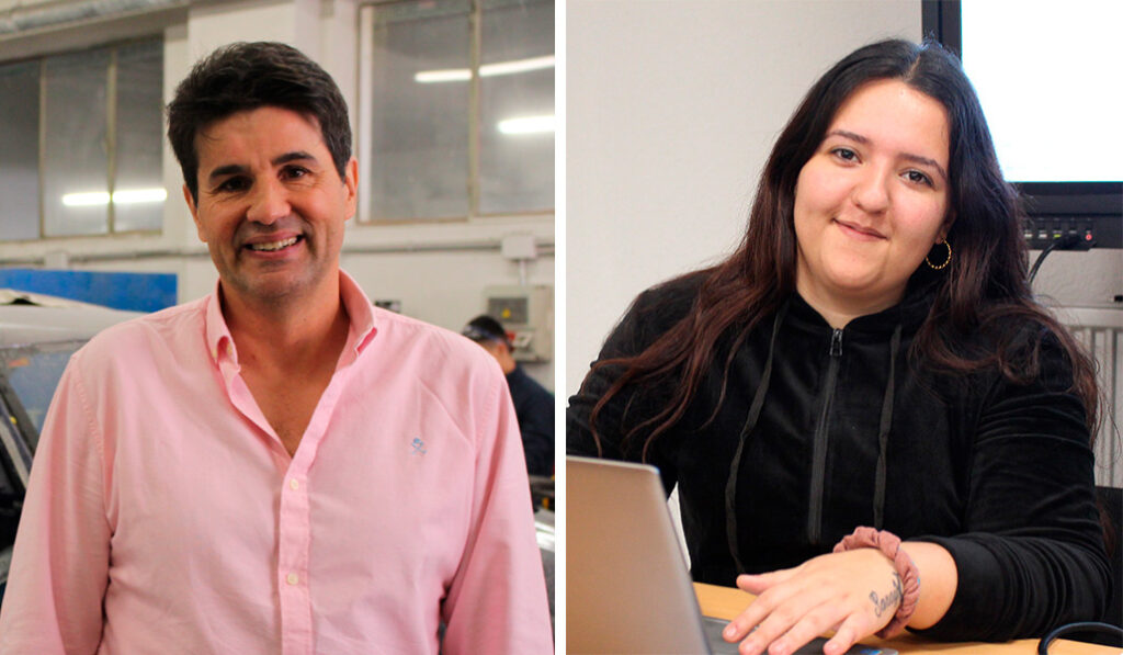 César Rodríguez en el taller de carrocería. A la derecha: Tania ha aprendido a diseñar carteles comerciales