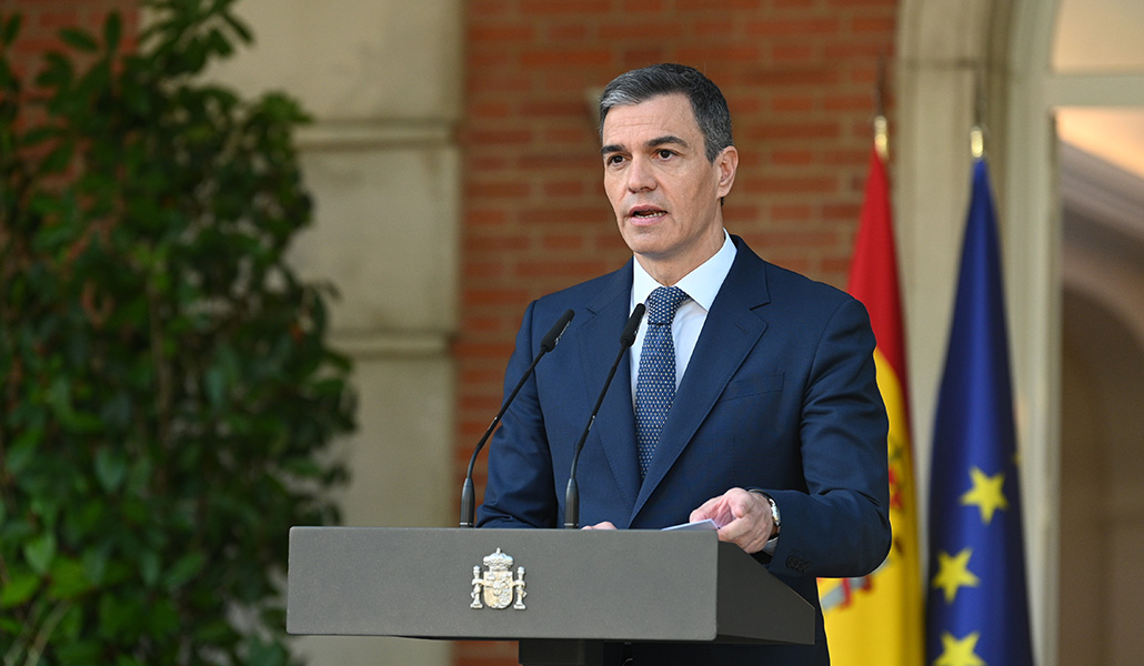 El presidente del Gobierno, Pedro Sánchez, en el anuncio del reconocimiento de España del Estado palestino