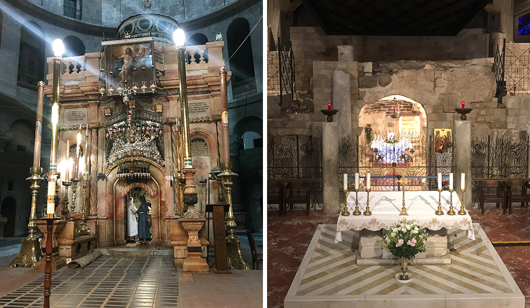 La entrada al sepulcro vacío no tiene cola, como es lo habitual. A la derecha: Pudimos rezar ante la casa de María, donde dijo «sí» al ángel