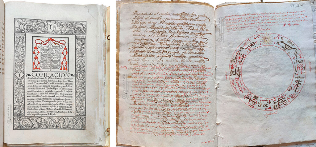 'Instrucciones antiguas del Consejo y cartas acerca de ellas', que regula el funcionamiento de los tribunales. A la derecha: Cuadernillo con hechizos usado como prueba en el caso contra Jerónimo de Liébana en 1632