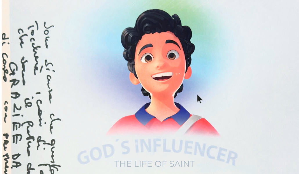 Imagen promocional de la película con una dedicatoria de la madre de Carlo Acutis