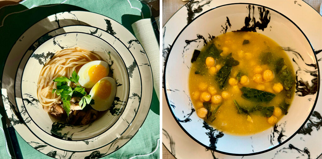 La sopa de miso japonesa se puede enriquecer con muchos ingredientes. A la derecha: Potaje de vigilia clásico con garbanzos 
y espinacas