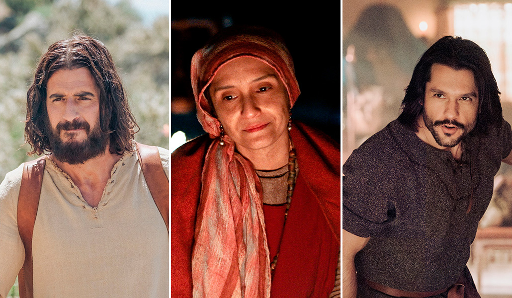 De izquierda a derecha: Jonathan Roumie, en el papel de Jesús. Vanessa Benavente, en el papel de María. Shahar Isaac, en el papel de Pedro