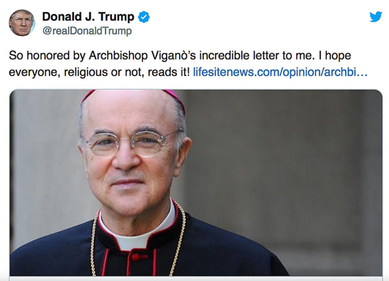 Tuit de Donald Trump en 2020, en el que alaba a Carlo Maria Viganò por una carta abierta contra los confinamientos de la pandemia en la web 'LifeSiteNews'
