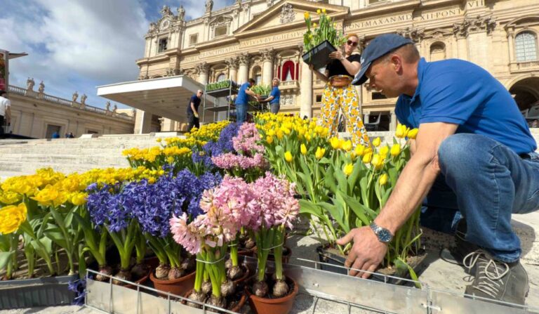 Voluntarios organizan las flores en la escalinata de la basílica de San Pedro