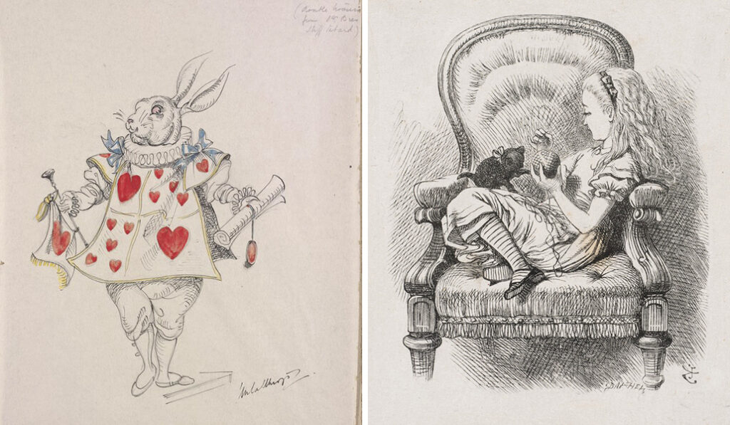 Boceto de traje para obra de 1943. Donación de Gladys Calthrop al Victoria and Albert Museum. A la derecha: Ilustración de Tenniel para la versión original. Macmillan Publishers Int.