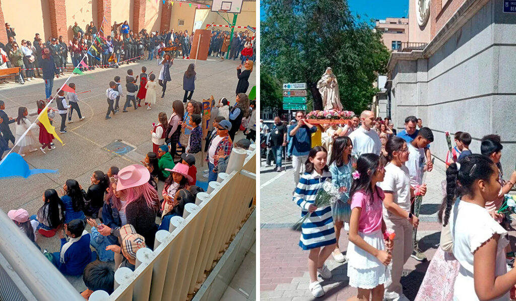En el patio del colegio se escuchan acentos de muchos países. A la derecha: La parroquia ha celebrado el cuarto centenario de su patrona