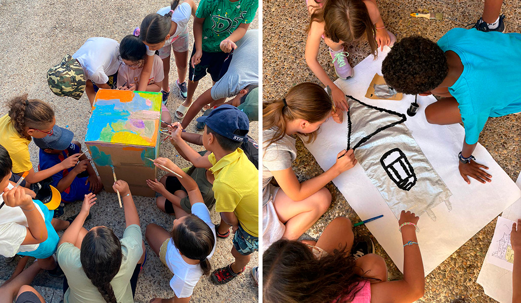 Sin deberes, los niños establecen unas amistades muy potentes durante las vacaciones. A la derecha: La parroquia de los Santos Apóstoles Felipe y Santiago el Menor también los pone a dibujar juntos