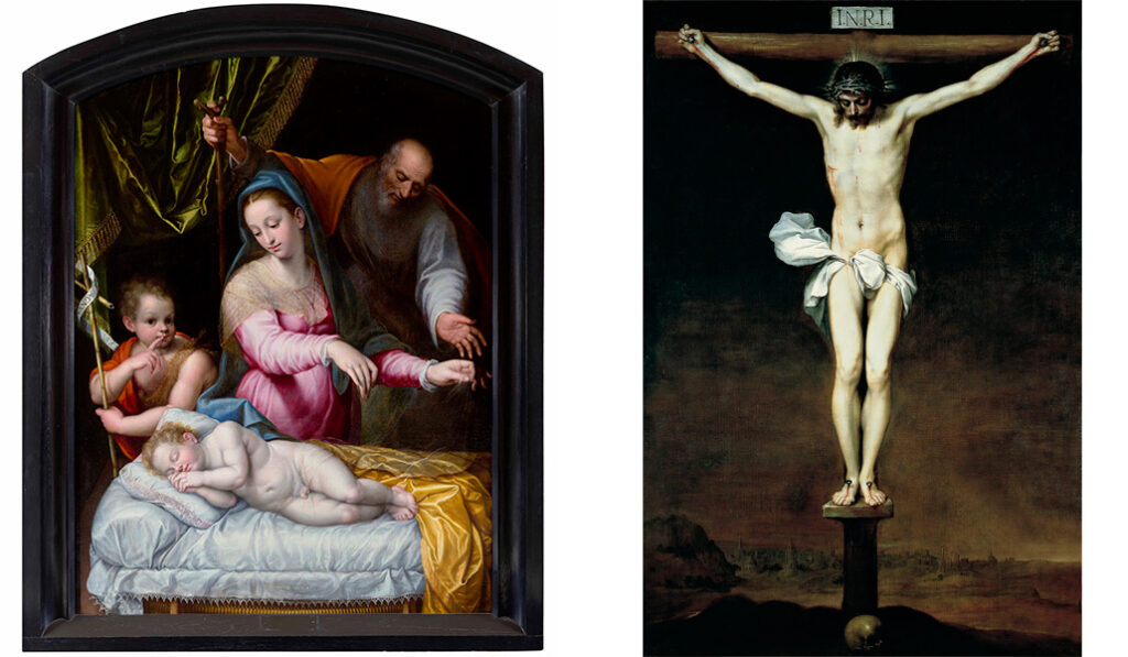 'La Sagrada Familia con san Juanito', de Lavinia Fontana. Galería de las Colecciones Reales. Foto: Galería de las Colecciones reales. A la derecha: Cristo crucificado, de Alonso Cano. R. A. de Bellas Artes de San Fernando. Foto: Real Academia de Bellas Artes de S. Fernando.