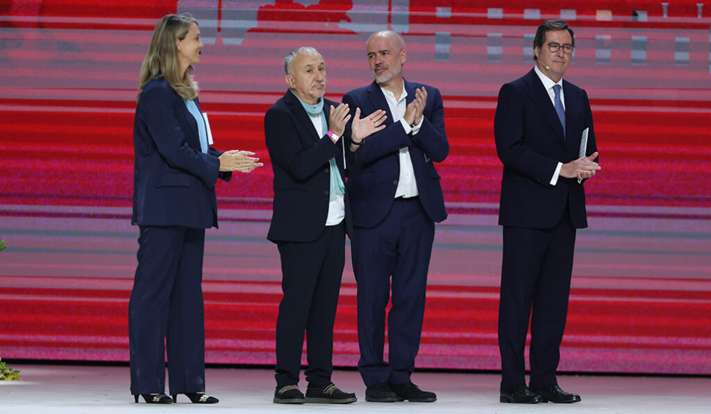 Ángela de Miguel (CEPYME), Pepe Álvarez (UGT), Unai Sordo (CC. OO.) y Antonio Garamendi (CEOE)
