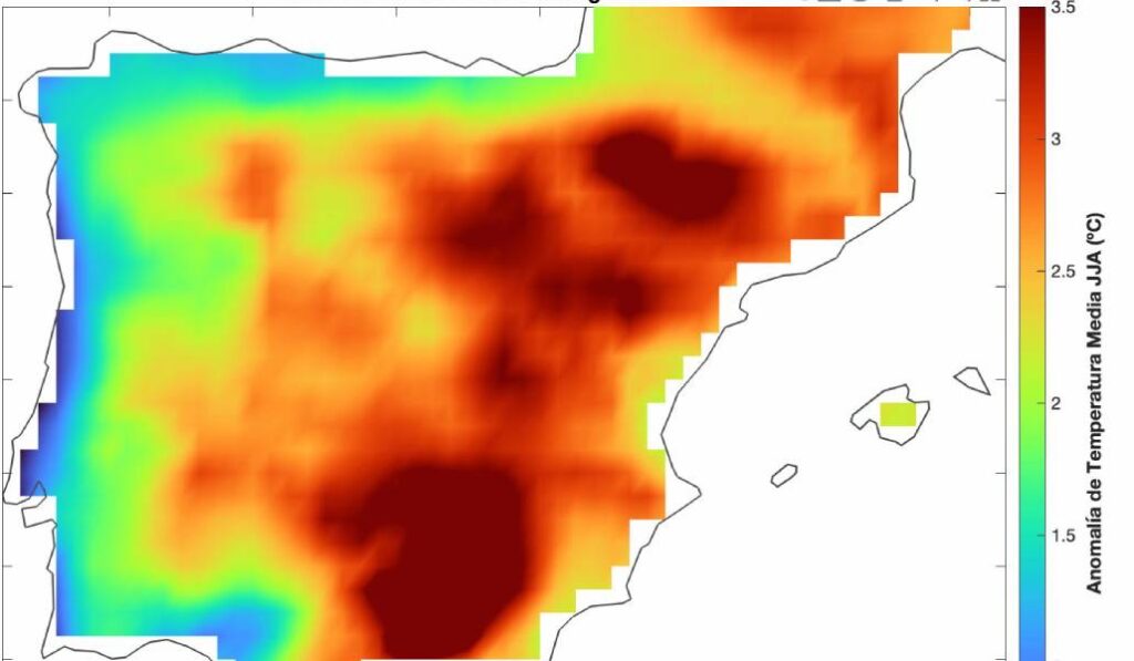 En azul, las zonas donde la temperatura media solo ha subido hasta 1,5 ºC. En rojo fuerte, donde ha sido 3,5 ºC o más.