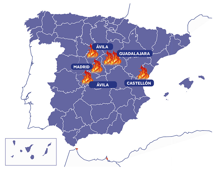 Mapa de España con los incendios