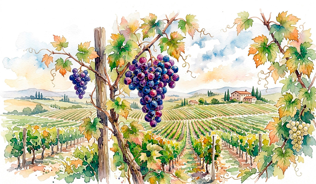 Ilustración de un campo de viñas