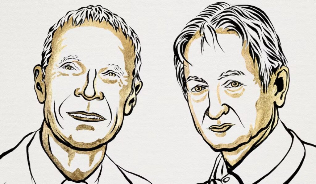 Ilustración de los dos premiados, John J. Hopfield y Geoffrey E. Hinton. Foto: Comité del Nobel.