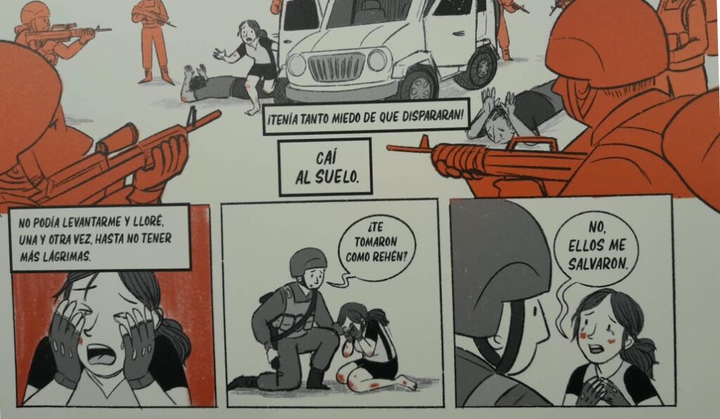 Fragmento de una página con la historia de Aya, israeli, y Hisham, palestino. Foto: María Martínez.